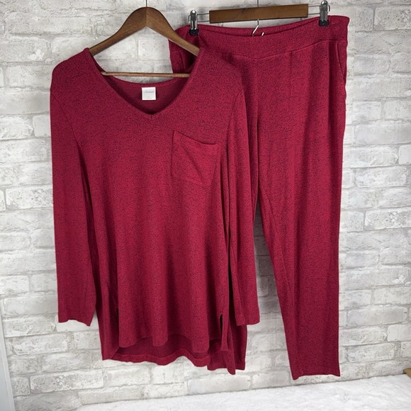 Soma 2 Piece Lounge Pajama Set Long Sleeve Red Black Soft Knit Pockets Size L - Picture 1 of 14